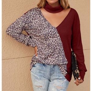 ZOWODO - Wine Leopard Color Block Choker-Strap Top - Women - NWOT